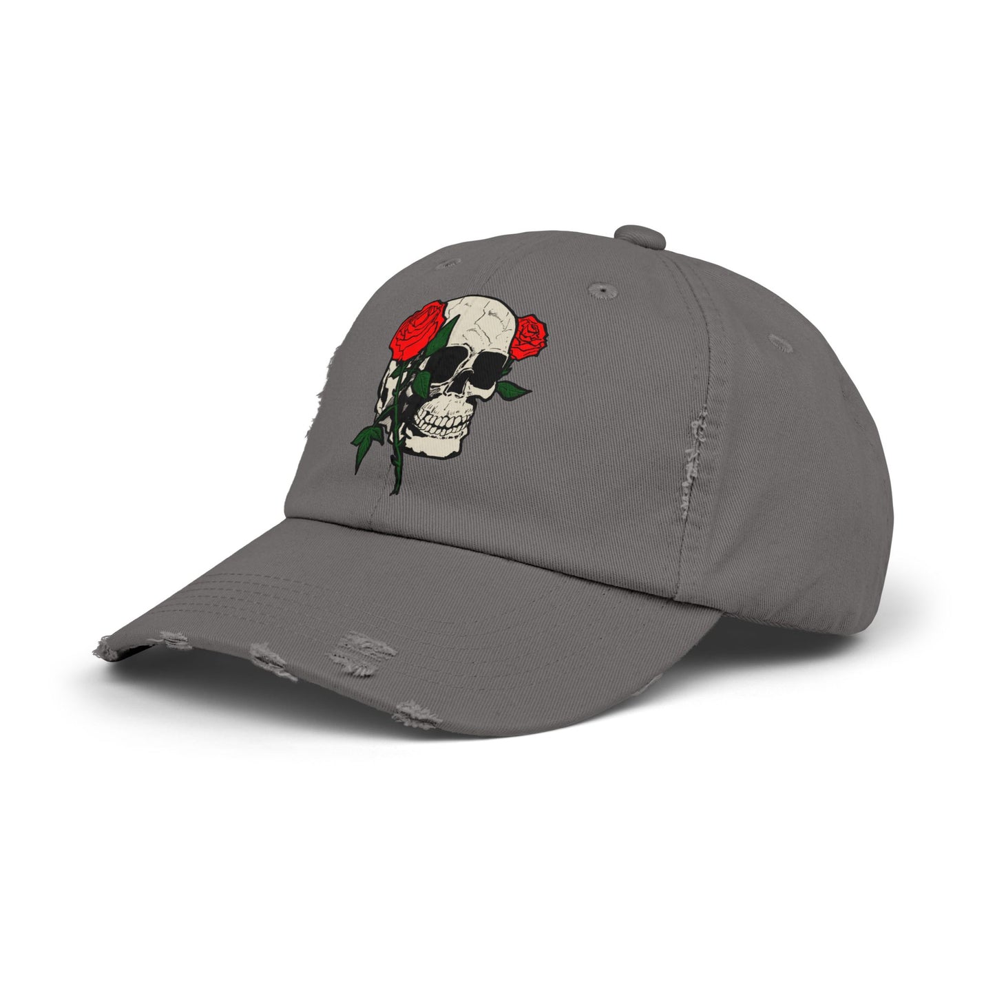 Skull and Roses Distressed Unisex Cap – Edgy Fashion Accessory for Music Lovers