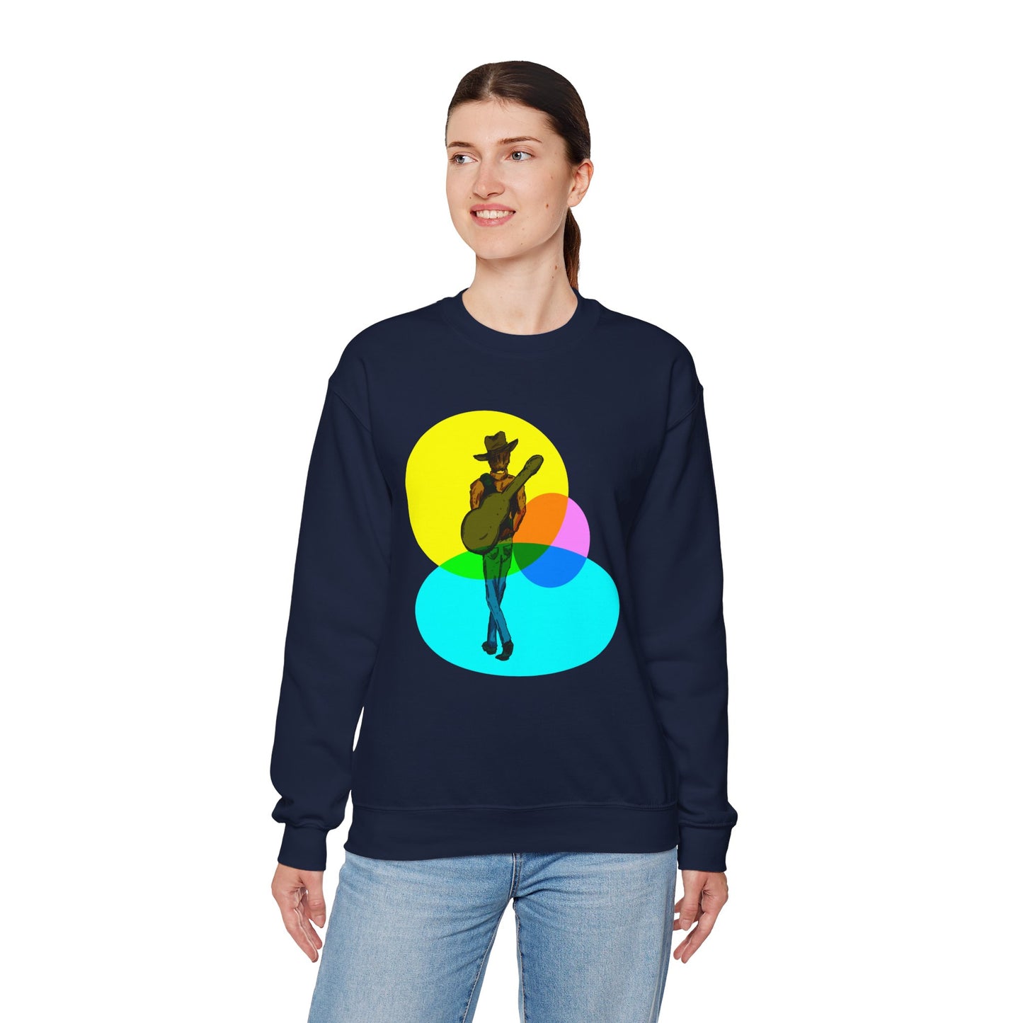 Cowboy Guitarist Graphic Sweatshirt — Retro Color Spot Music Pullover