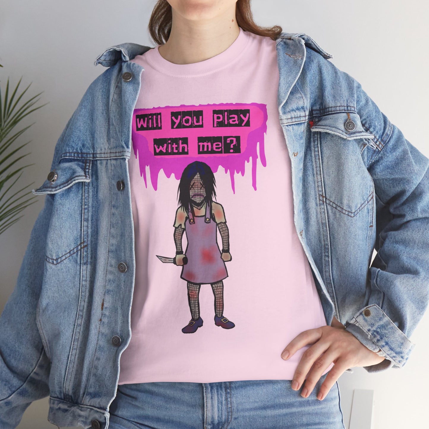 Playful Evil Doll Horror Graphic Tee, Unisex Heavy Cotton Shirt, Casual Wear, Unique Gift, Halloween Costume, Quirky Fashion