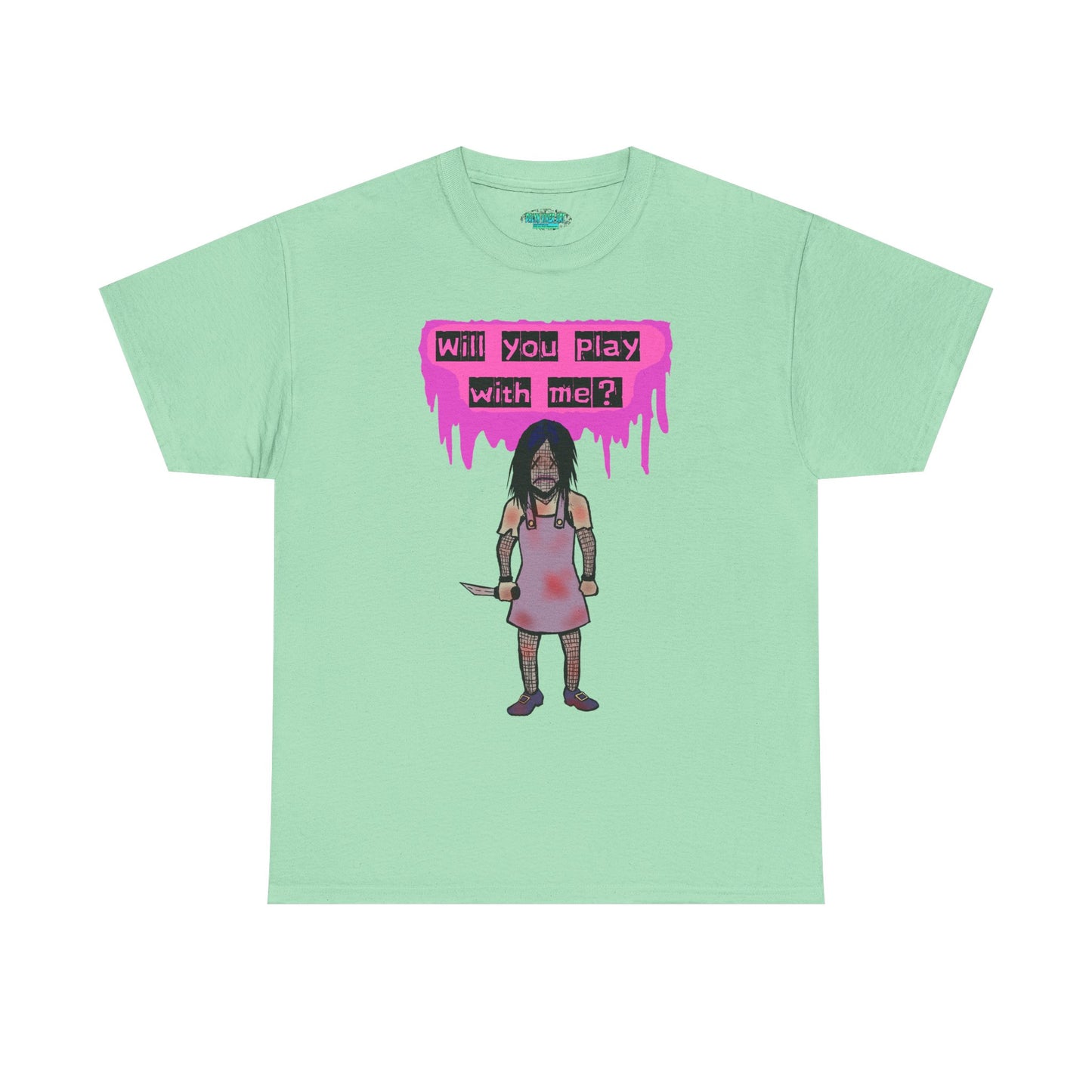 Playful Evil Doll Horror Graphic Tee, Unisex Heavy Cotton Shirt, Casual Wear, Unique Gift, Halloween Costume, Quirky Fashion