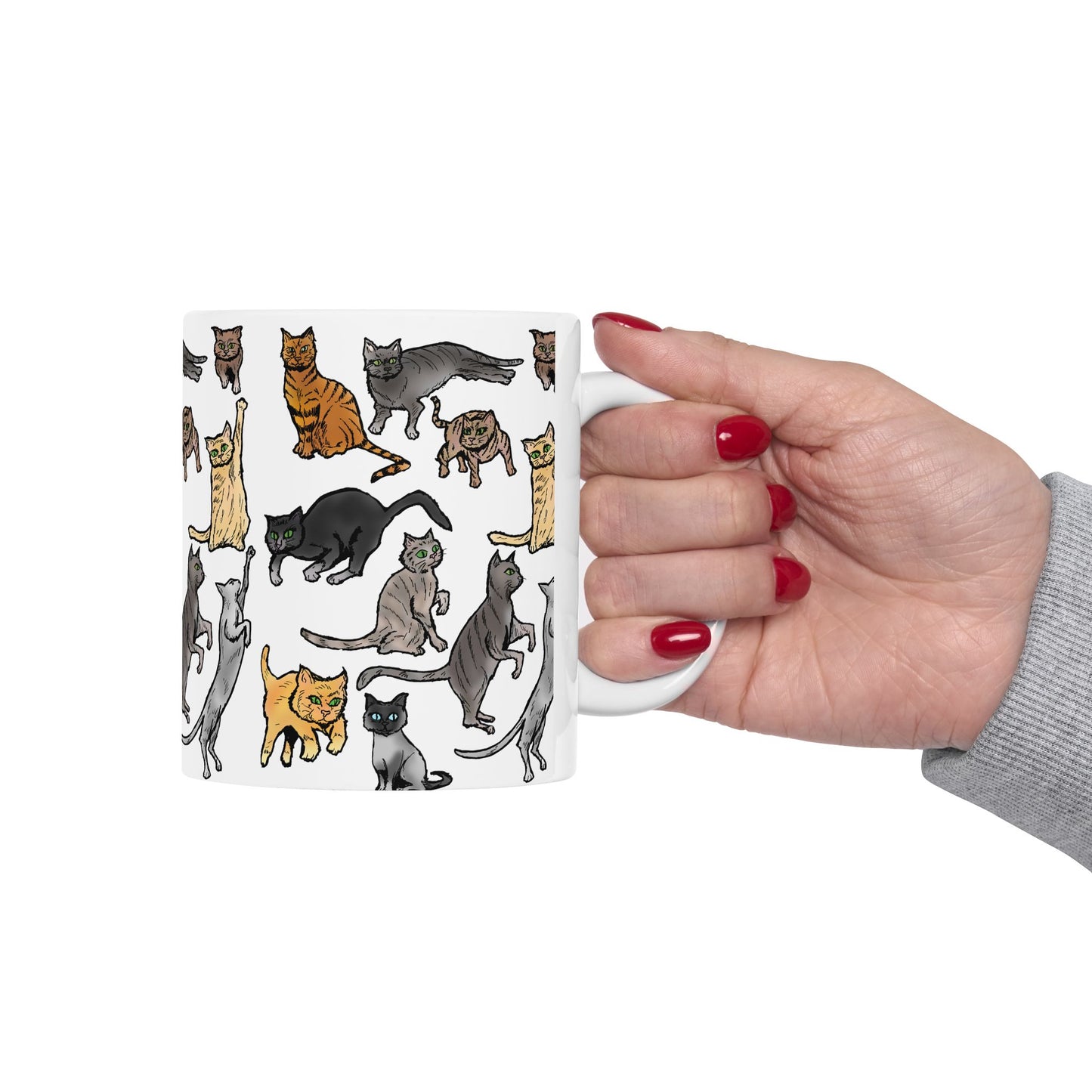 Cat Pattern Ceramic Mug — Cute Illustrated Cats Coffee Cup (11oz, 15oz)