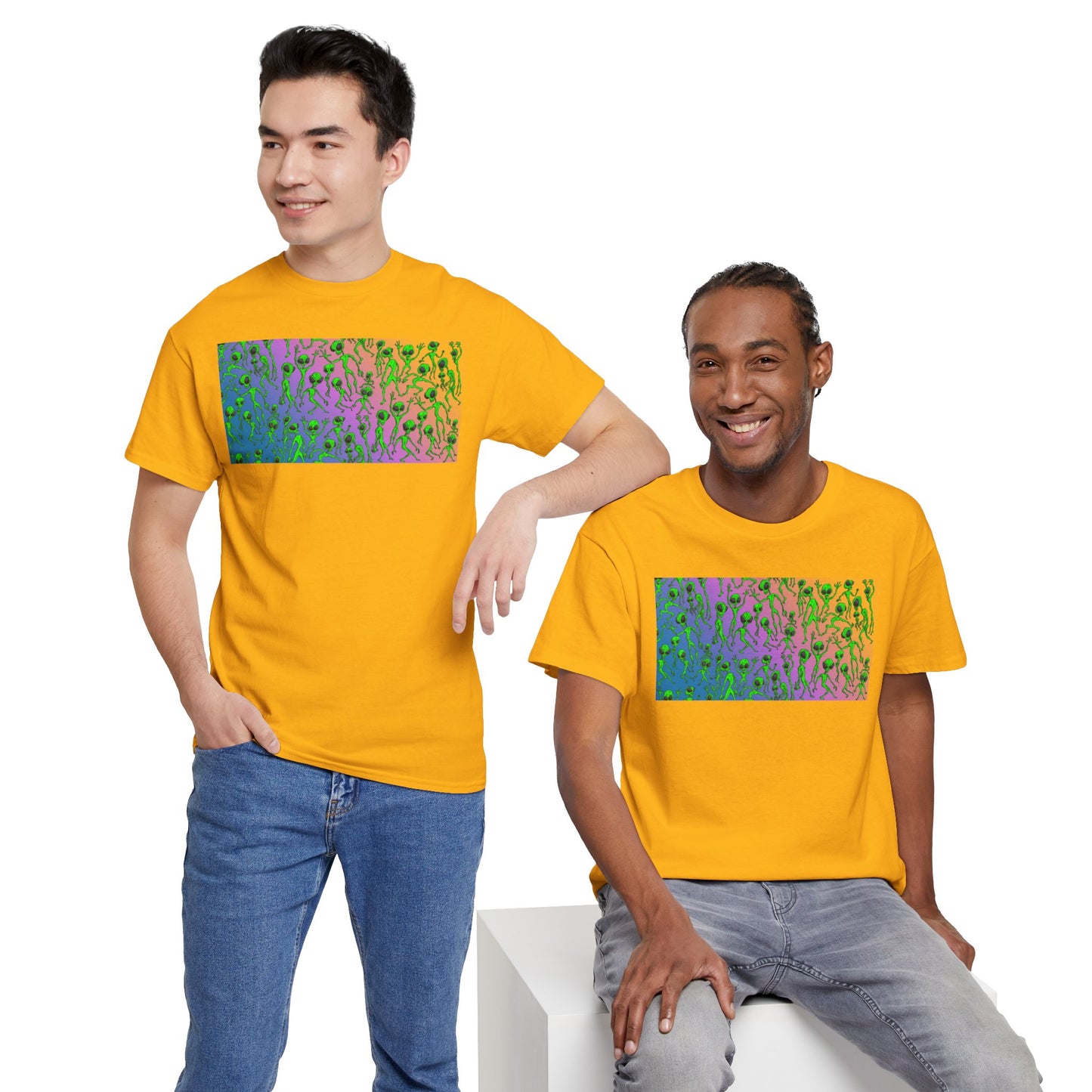 Alien Dance Party Gradient Tee — Colorful Psychedelic Green Aliens Art T-Shirt