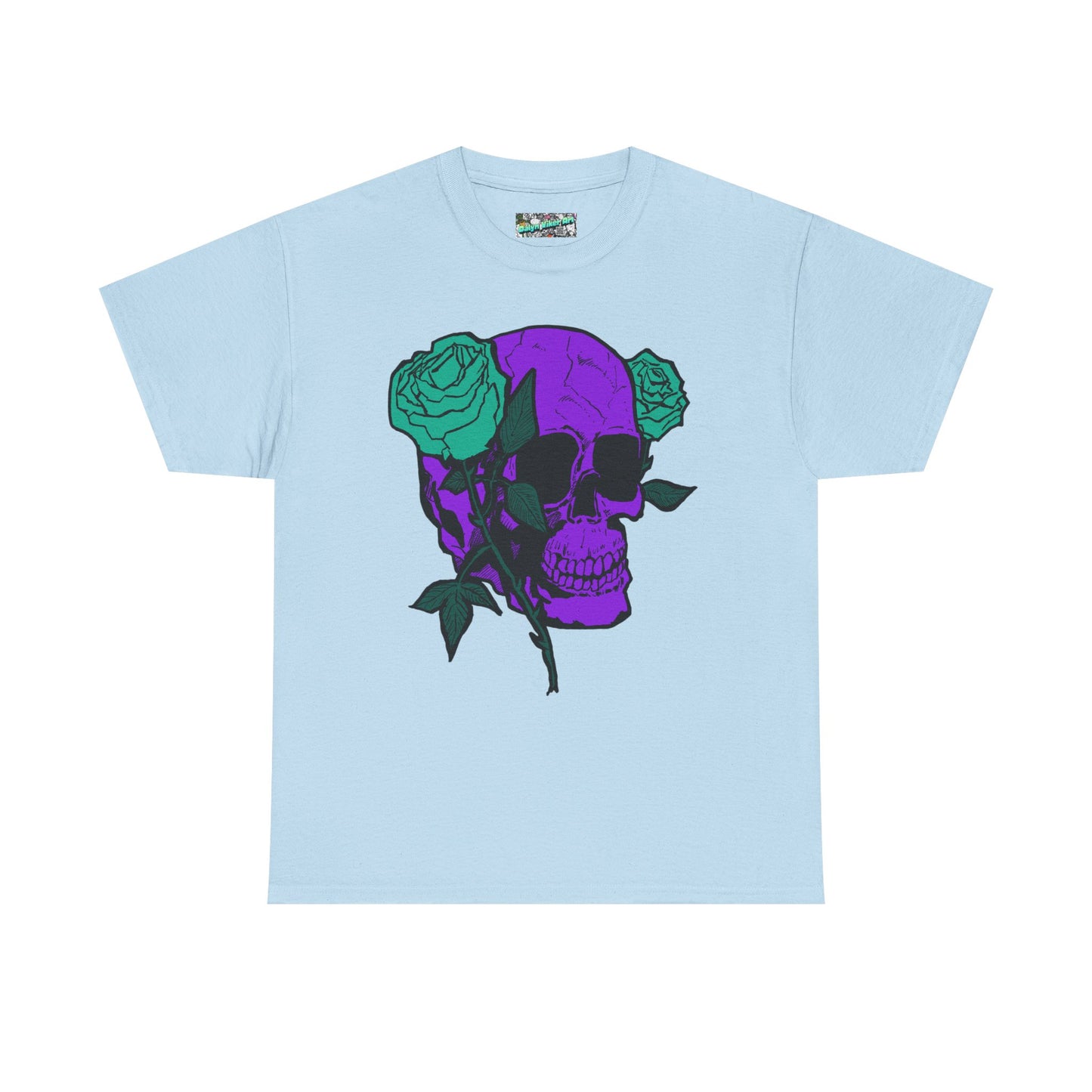 Skull & Rose Tee — Purple Skull with Turquoise Roses Graphic T-Shirt
