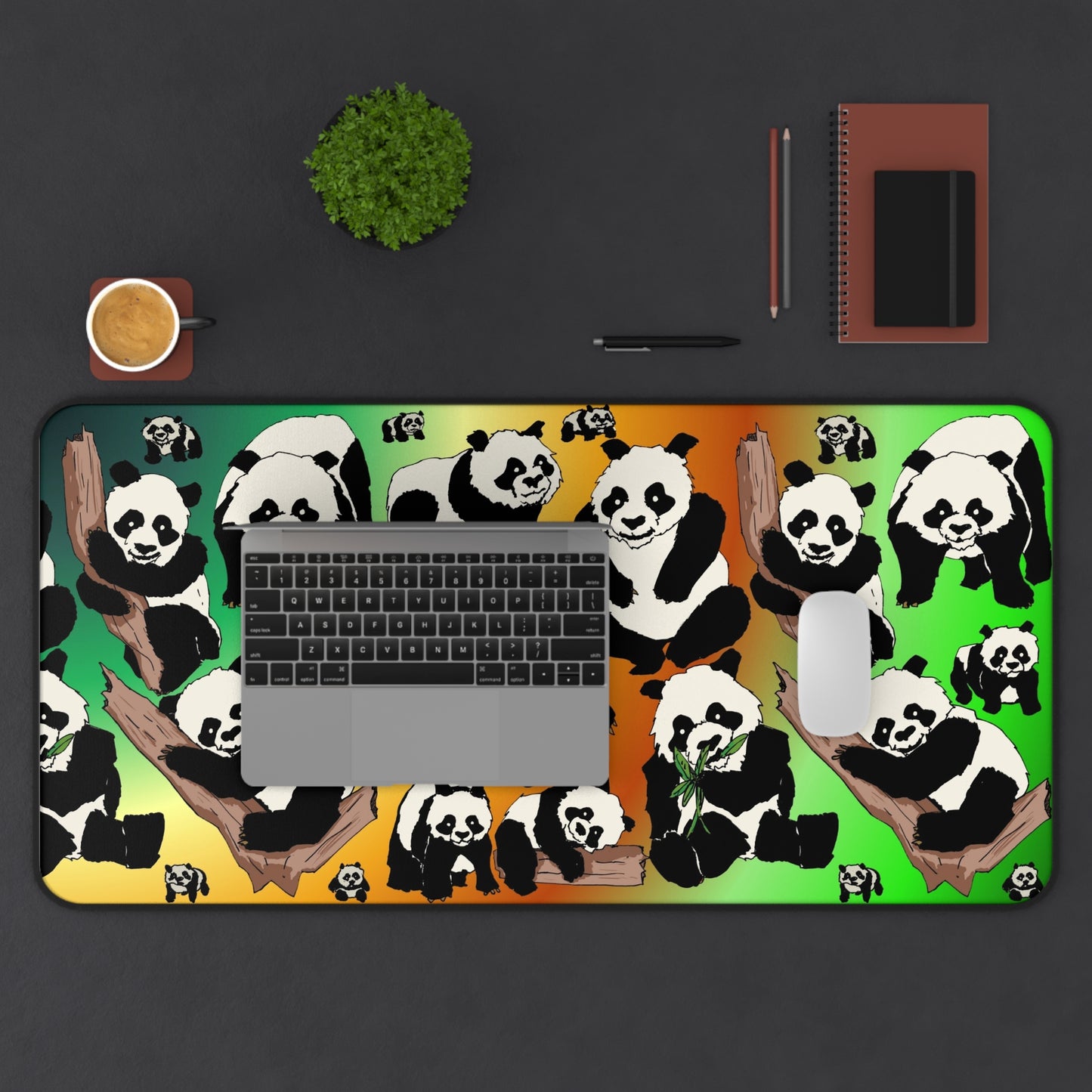 Panda Pattern Desk Mat — Cute Bamboo Bear Mouse Pad with Green Orange Gradient