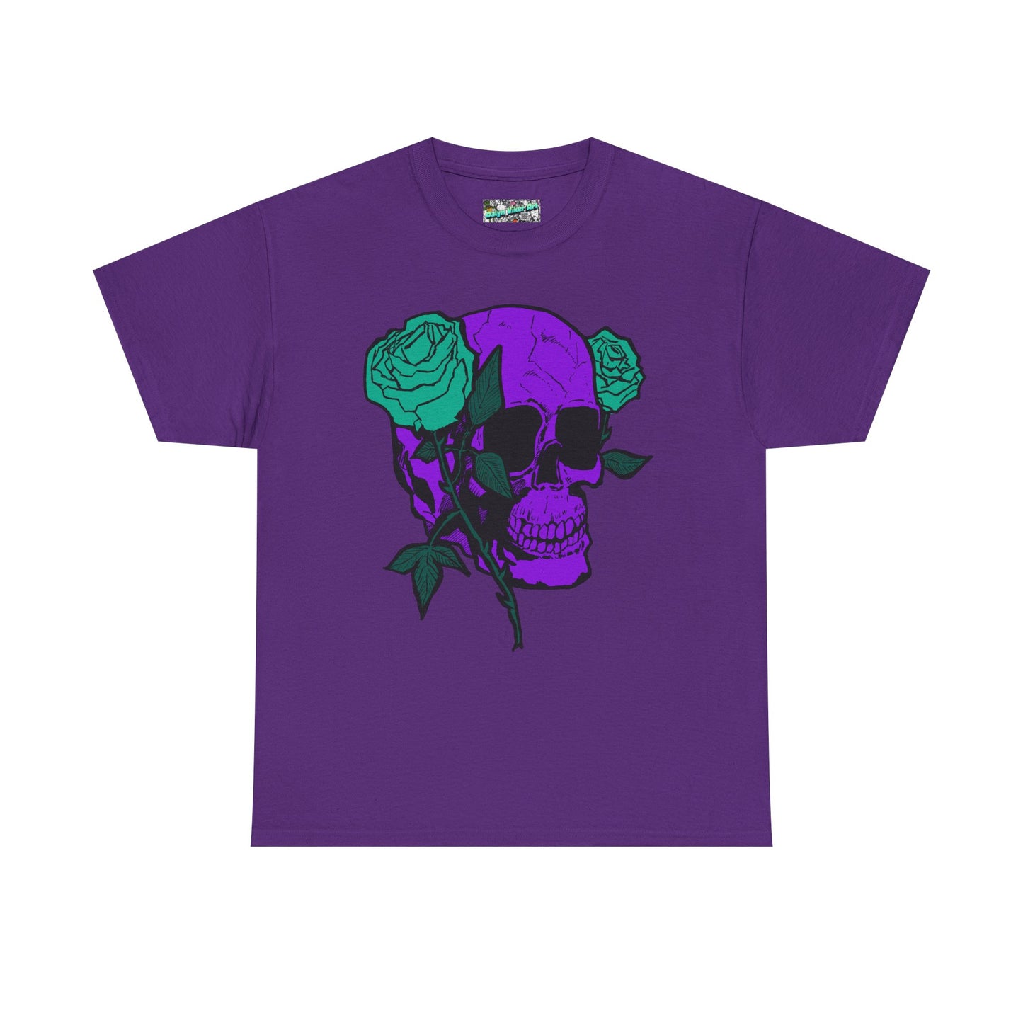 Skull & Rose Tee — Purple Skull with Turquoise Roses Graphic T-Shirt