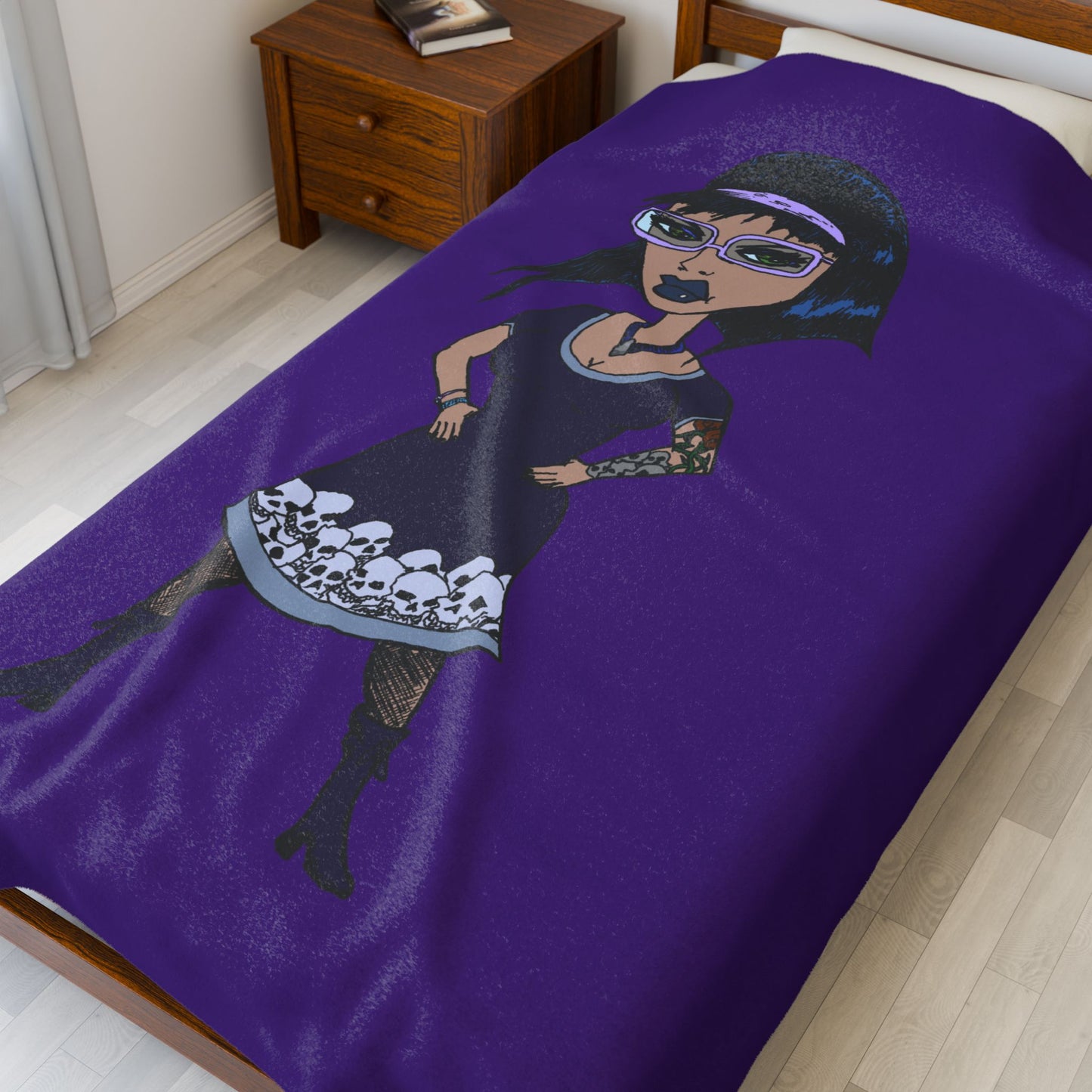 Goth Girl Velveteen Plush Blanket – Purple Skull Hem Cozy Throw