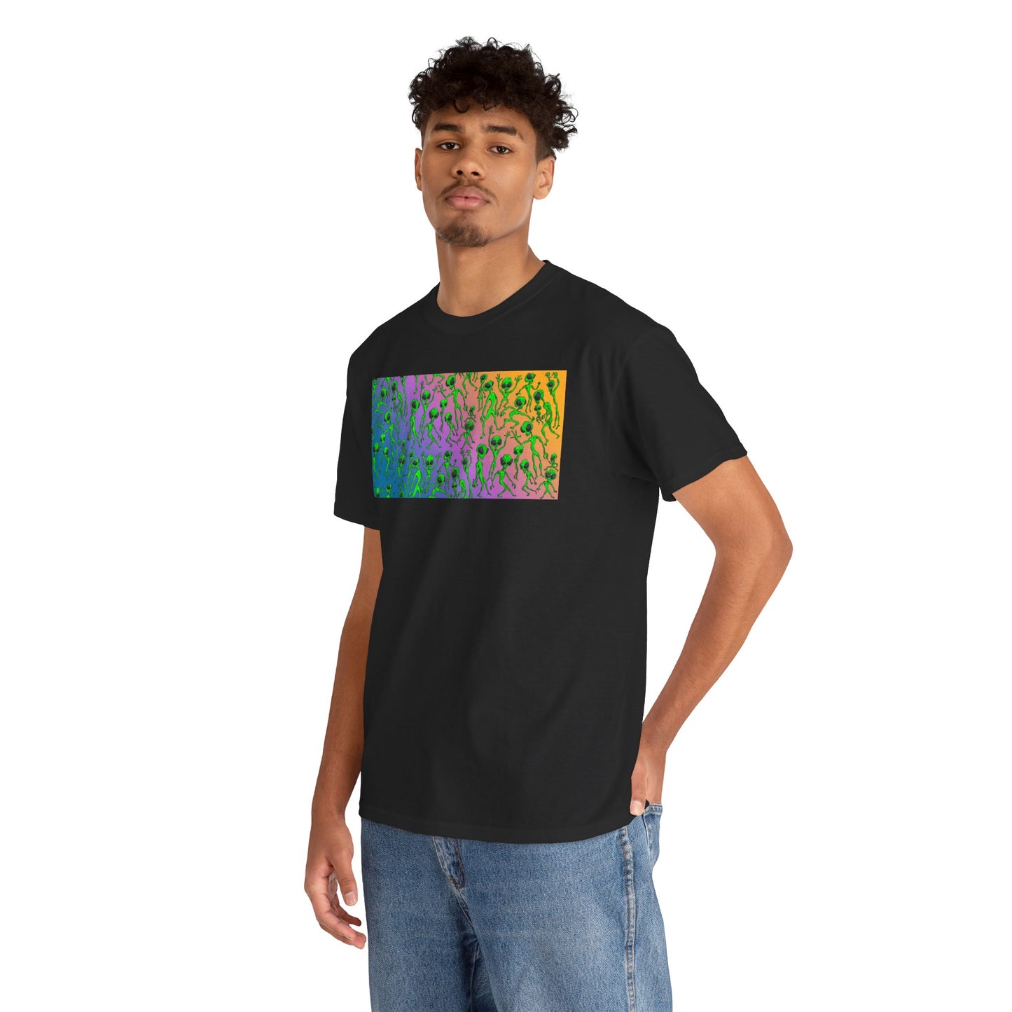 Alien Dance Party Gradient Tee — Colorful Psychedelic Green Aliens Art T-Shirt