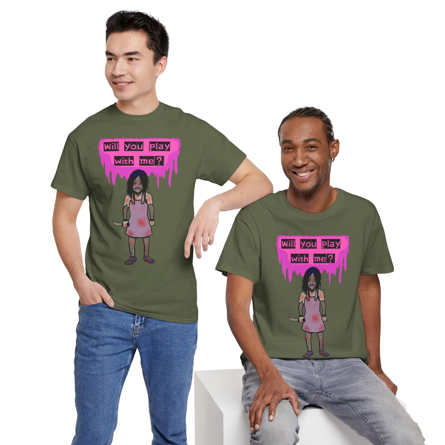 Playful Evil Doll Horror Graphic Tee, Unisex Heavy Cotton Shirt, Casual Wear, Unique Gift, Halloween Costume, Quirky Fashion