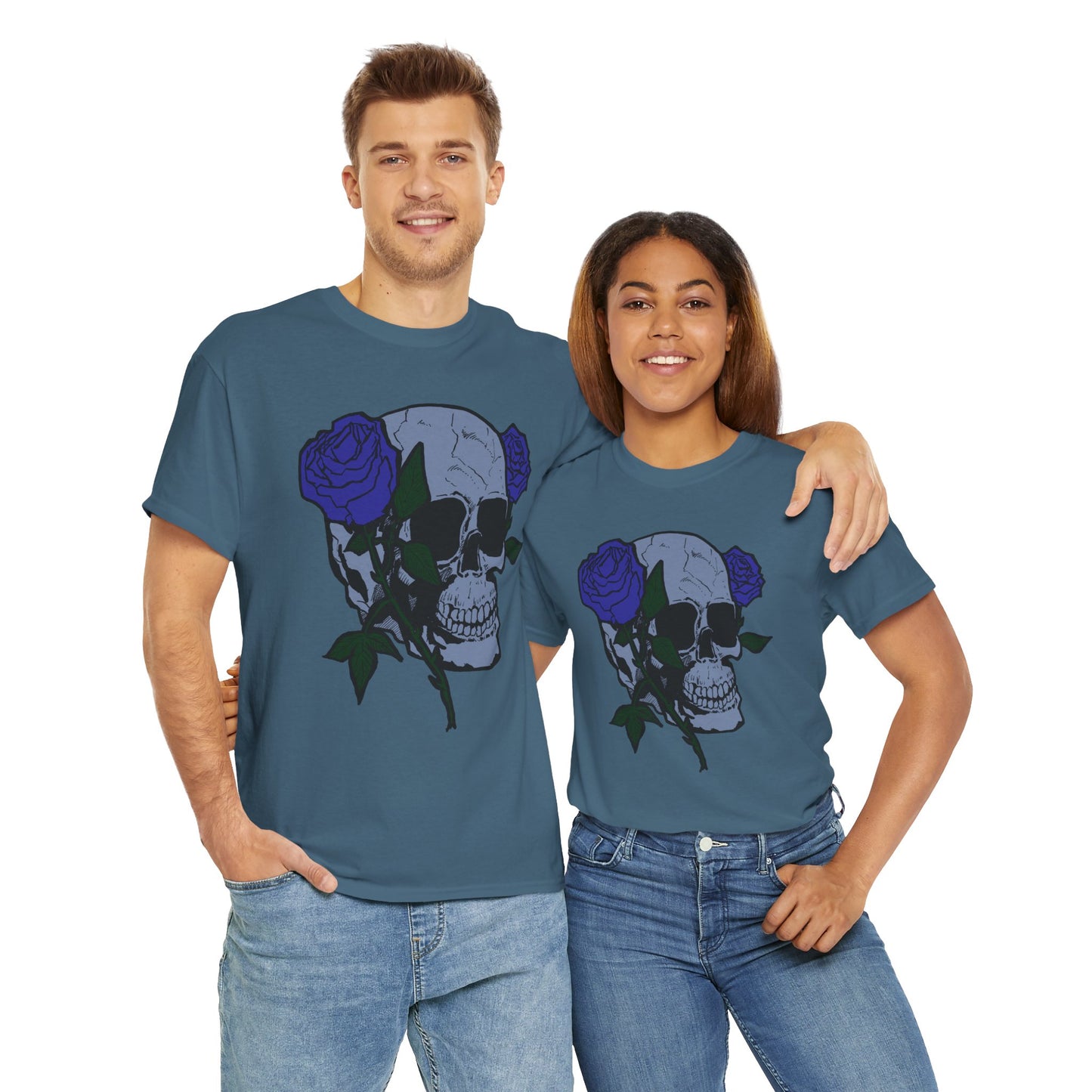 Unisex Heavy Cotton Tee with Skull and Rose Design - Edgy Streetwear Top