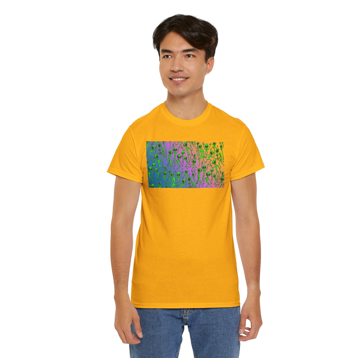 Alien Dance Party Gradient Tee — Colorful Psychedelic Green Aliens Art T-Shirt