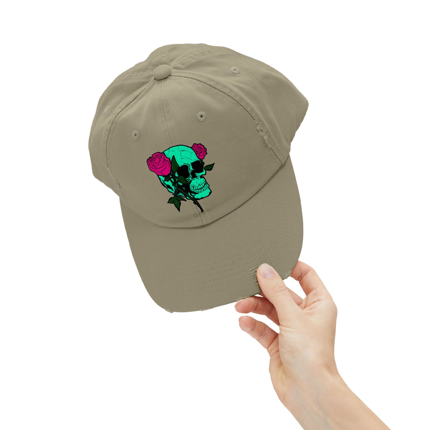 Trendy Distressed Skull Cap with Roses