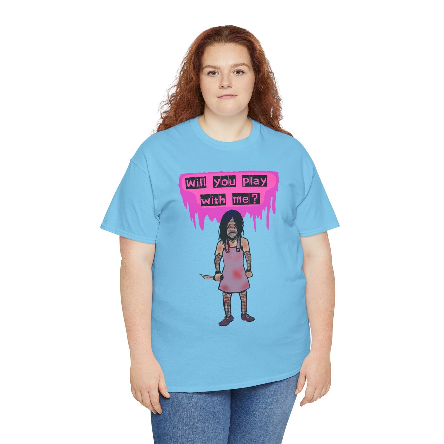 Playful Evil Doll Horror Graphic Tee, Unisex Heavy Cotton Shirt, Casual Wear, Unique Gift, Halloween Costume, Quirky Fashion