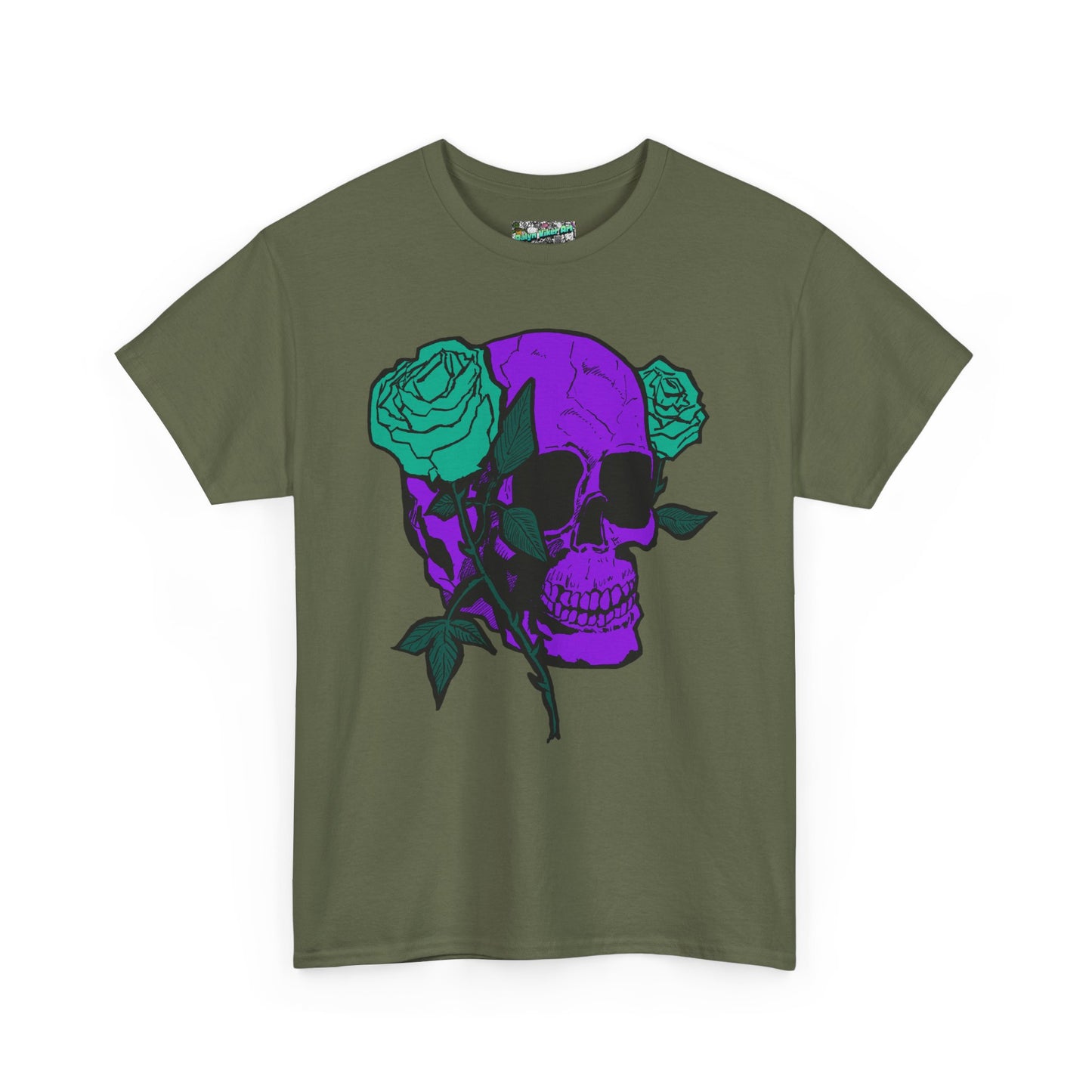 Skull & Rose Tee — Purple Skull with Turquoise Roses Graphic T-Shirt