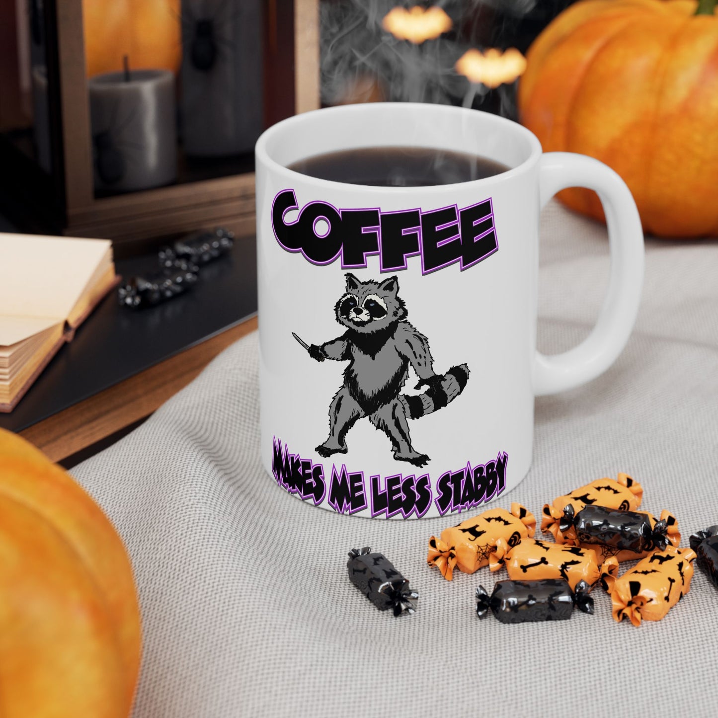 Funny Ceramic Mug - 'Coffee Makes Me Less Stabby' with Playful Racoon Design