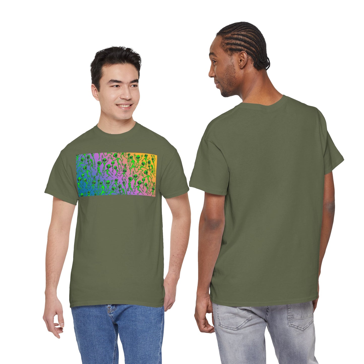 Alien Dance Party Gradient Tee — Colorful Psychedelic Green Aliens Art T-Shirt
