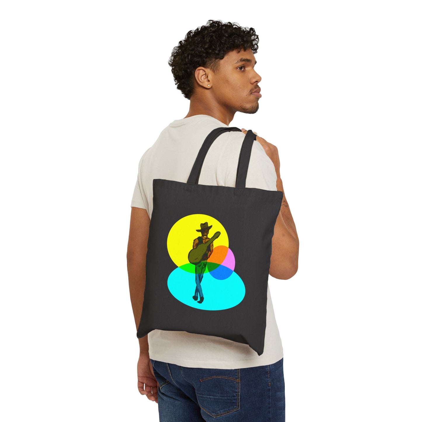 Cowboy Musician Tote Bag — Silhouette Guitarist Colorful Retro Circles Canvas Tote