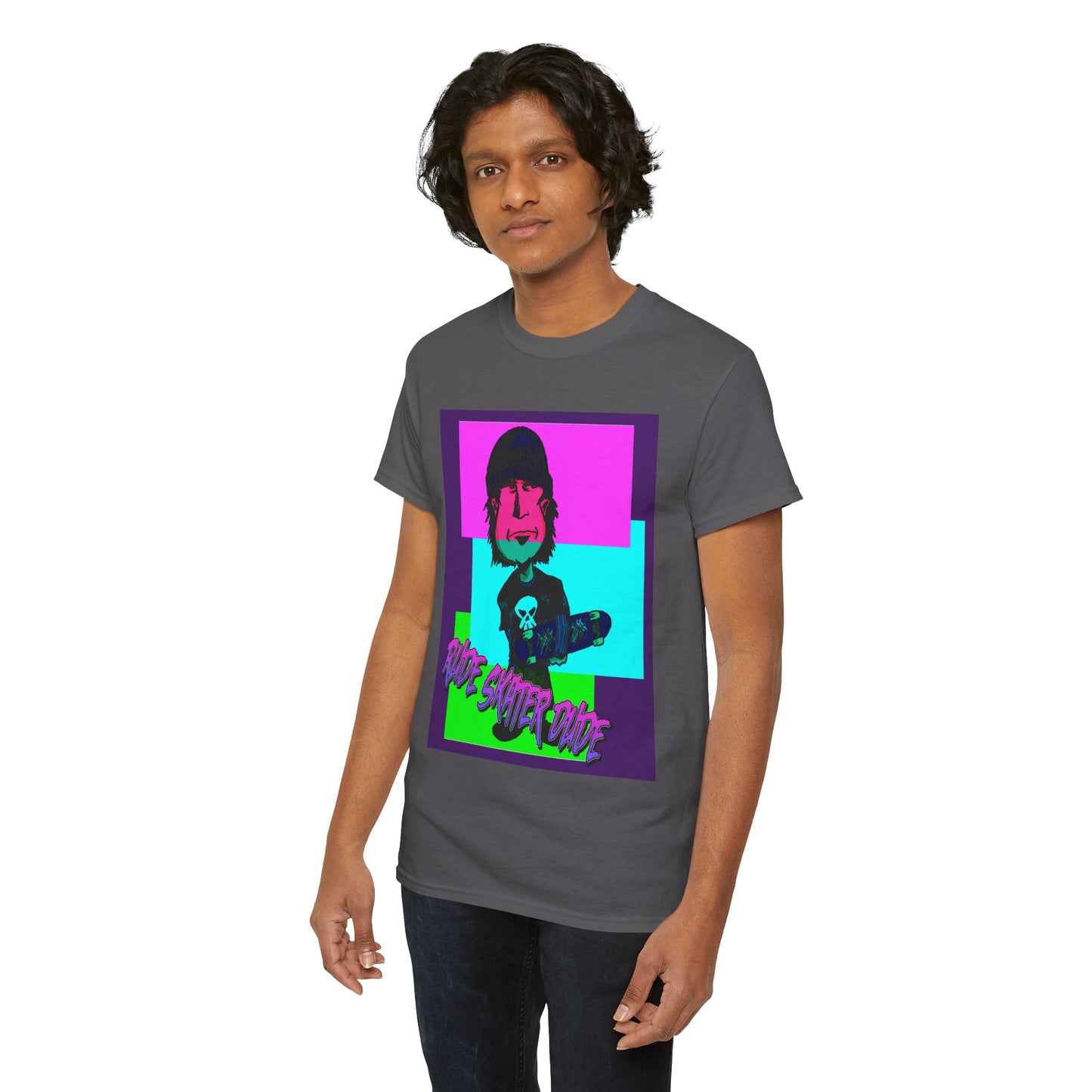 Retro Neon Skateboard Tee — "Rude Skater Dude" Graphic