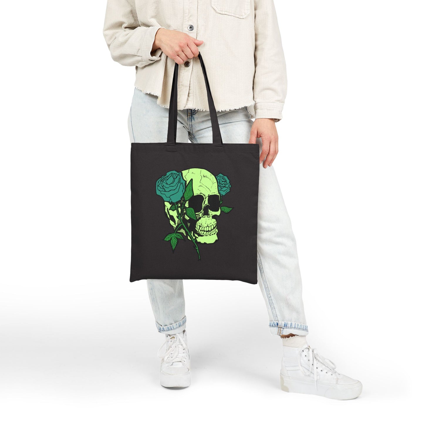 Green Skull & Roses Cotton Canvas Tote — Gothic Floral Reusable Bag