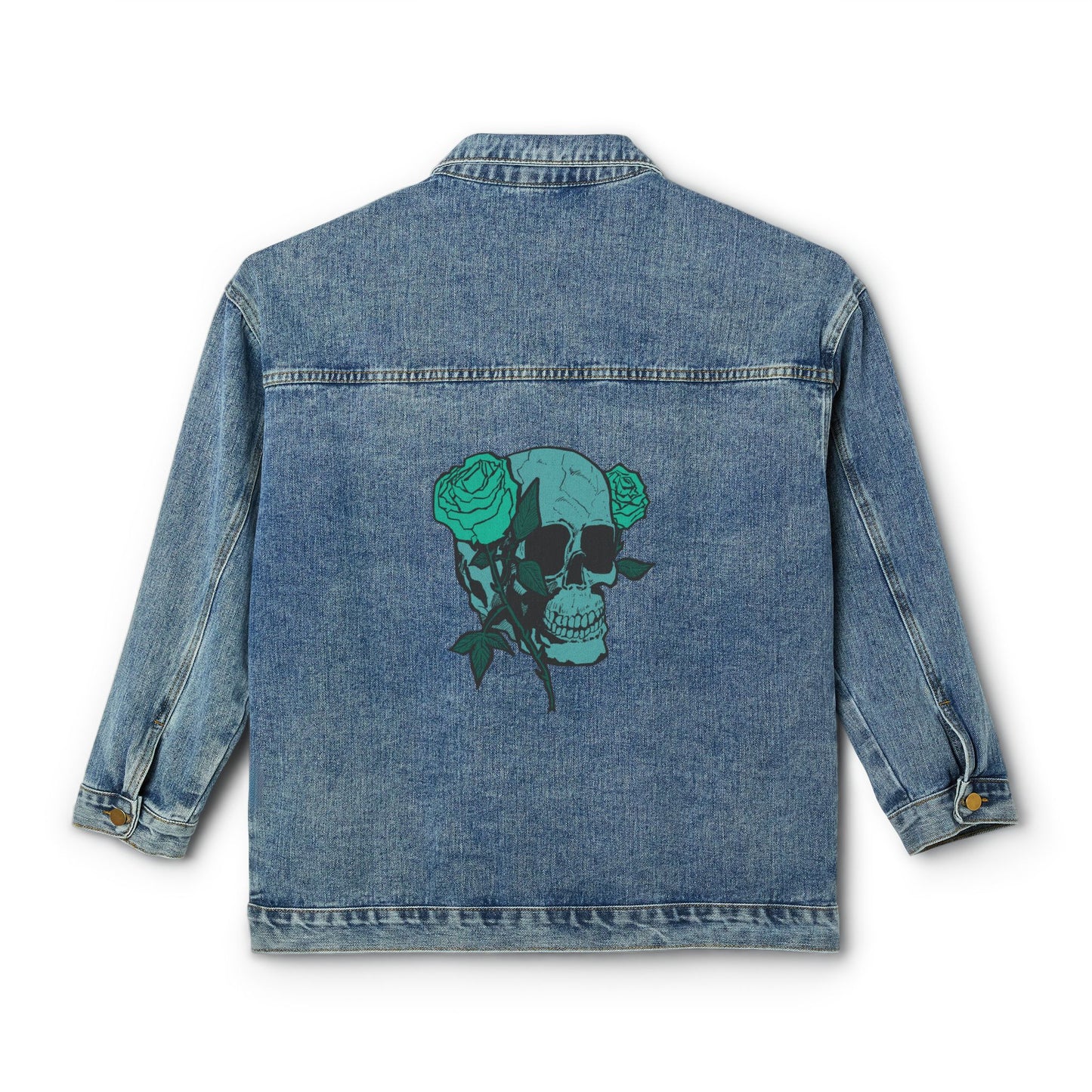 Denim Jacket — Teal Skull with Roses Back Graphic