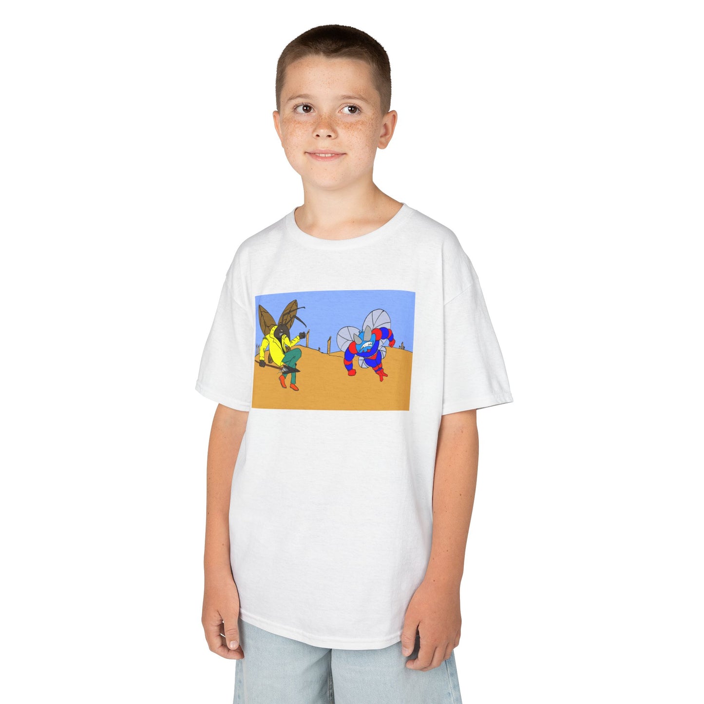 Astro-Fly and Wasp Warrior Kids Tee — Colorful Desert Beetle Cartoon Illustration