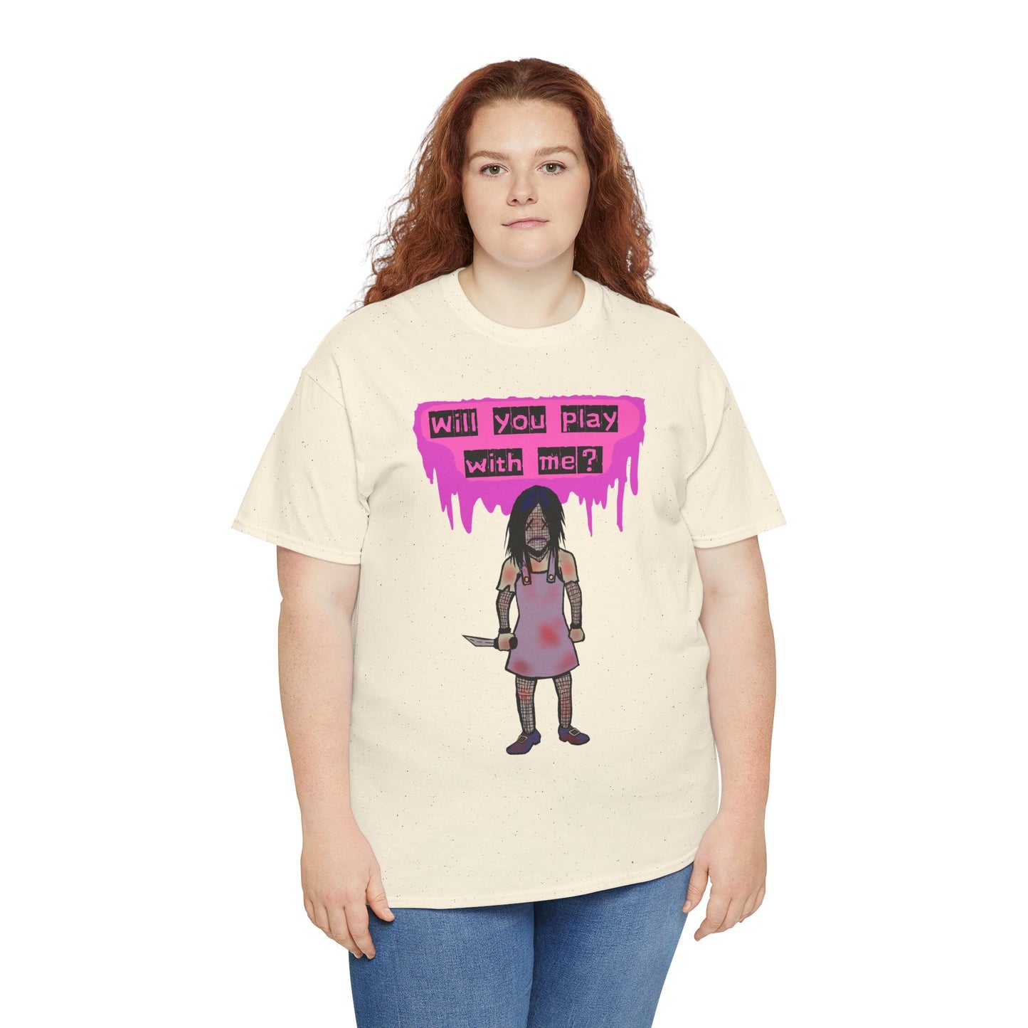 Playful Evil Doll Horror Graphic Tee, Unisex Heavy Cotton Shirt, Casual Wear, Unique Gift, Halloween Costume, Quirky Fashion