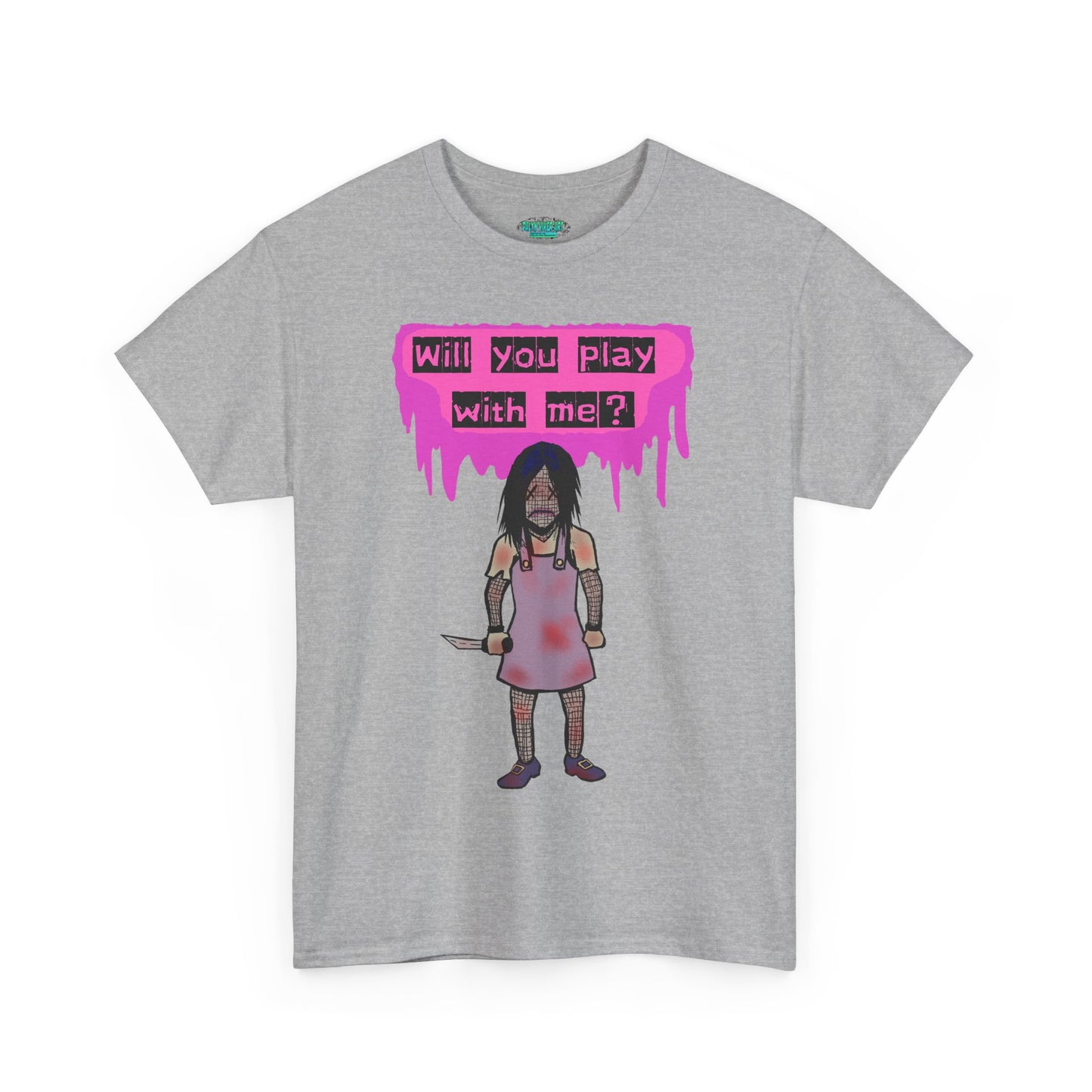 Playful Evil Doll Horror Graphic Tee, Unisex Heavy Cotton Shirt, Casual Wear, Unique Gift, Halloween Costume, Quirky Fashion