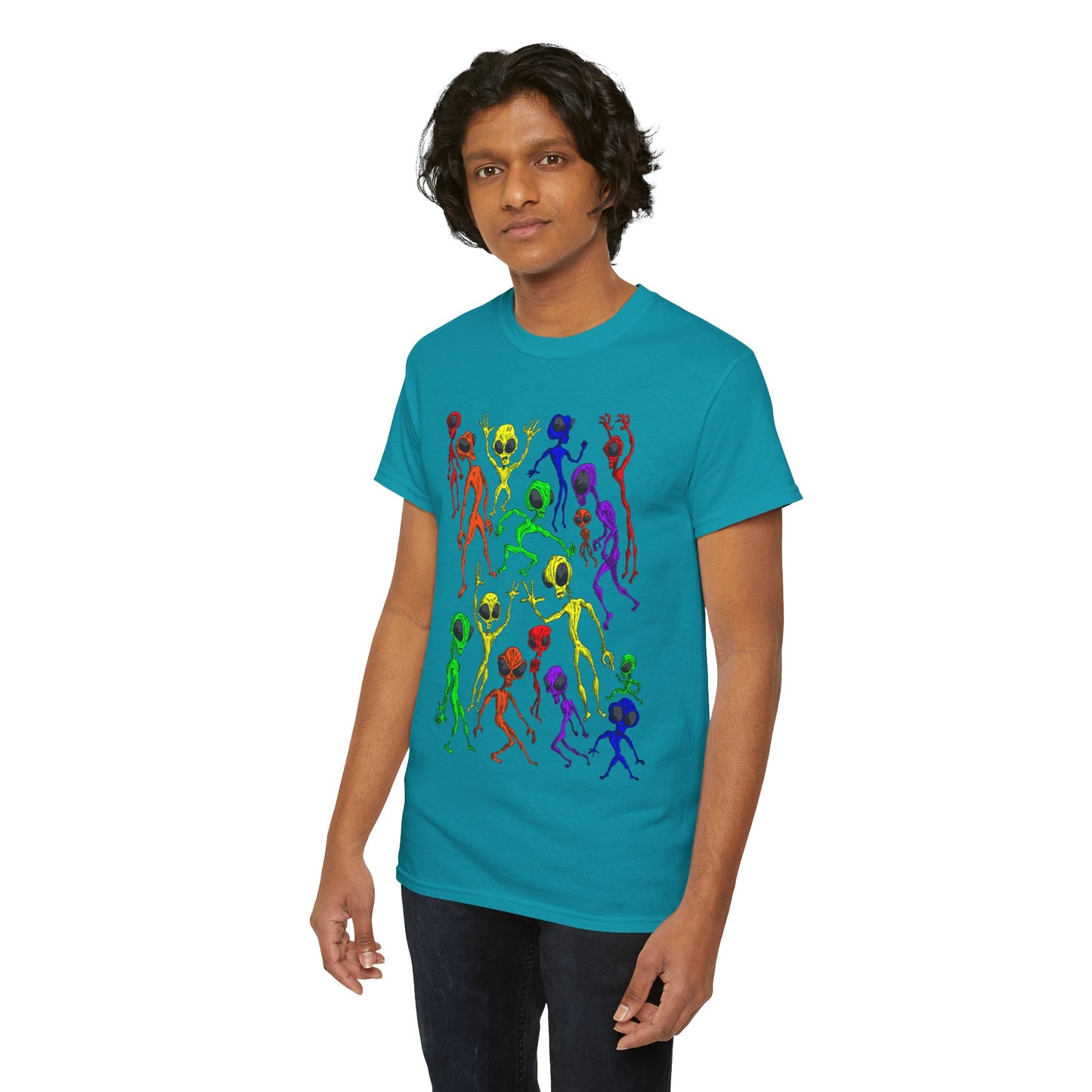 Rainbow Alien Dance Party Unisex Tee - Cosmic Sci-Fi Shirt