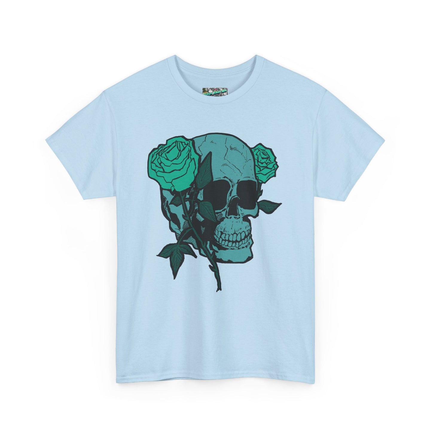Skull & Roses Graphic Tee — Teal Skull Floral T-Shirt