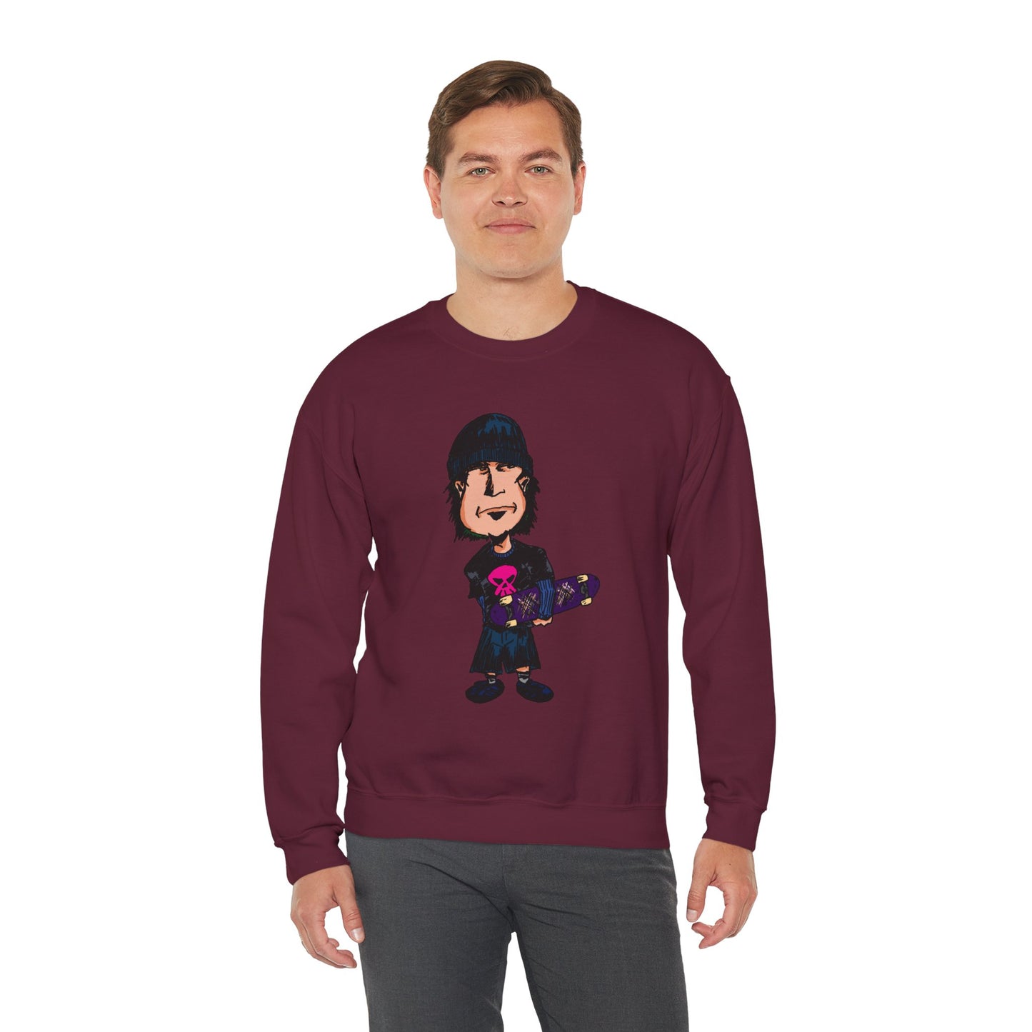 Rude Skater Dude - Skate Punk - Cartoon Skater Crewneck Sweatshirt – Cute Skateboarder Graphic Pullover
