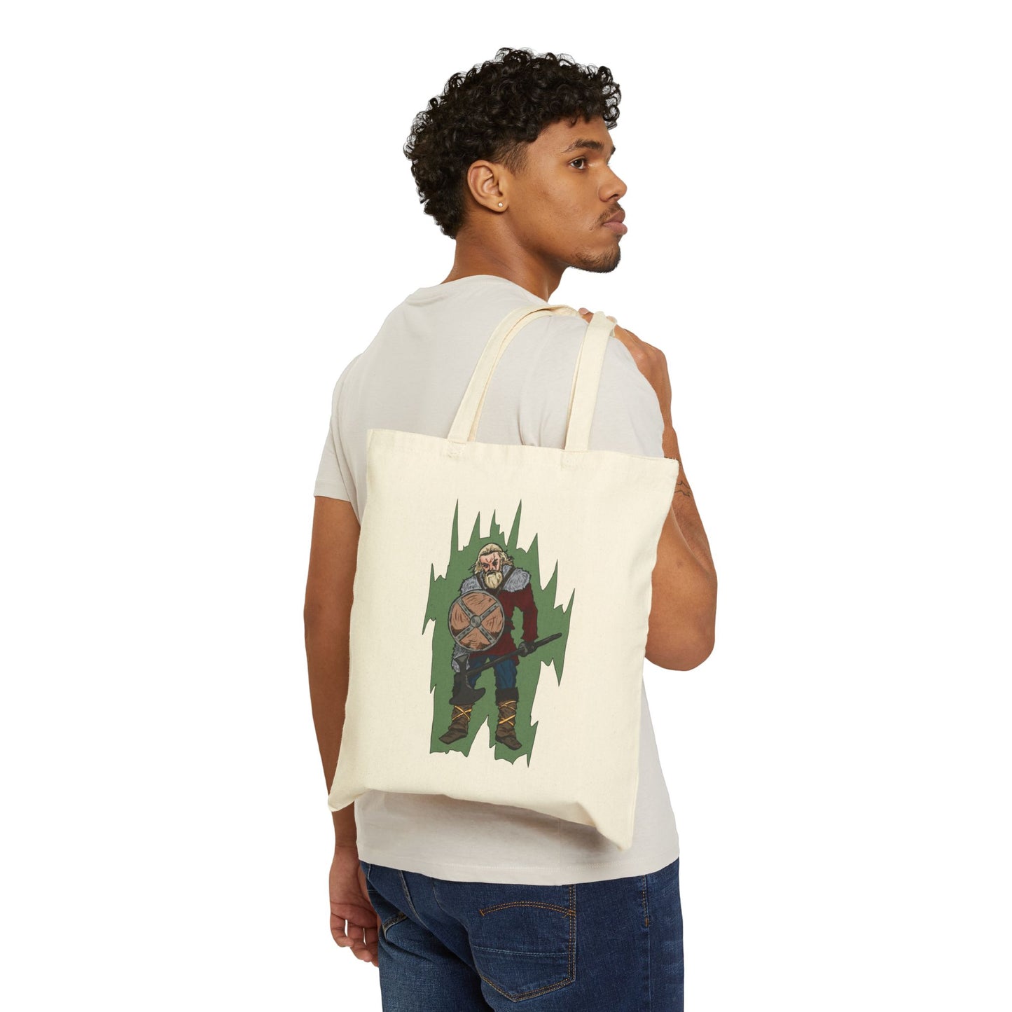 Viking Warrior Canvas Tote Bag – Norse Shield & Axe Graphic Cotton Tote