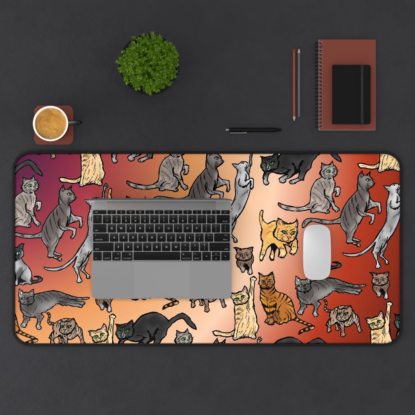 Cat Pattern Desk Mat — Colorful Cute Cat Illustration Mouse Pad for Home Office