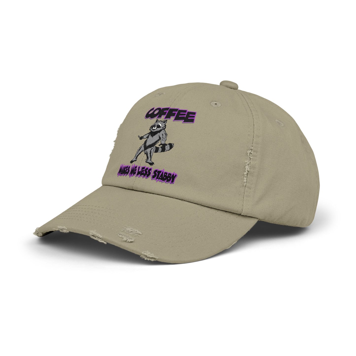 Funny Unisex Distressed Cap - "Coffee Makes Me Less Stabby" - Grumpy Raccoon
