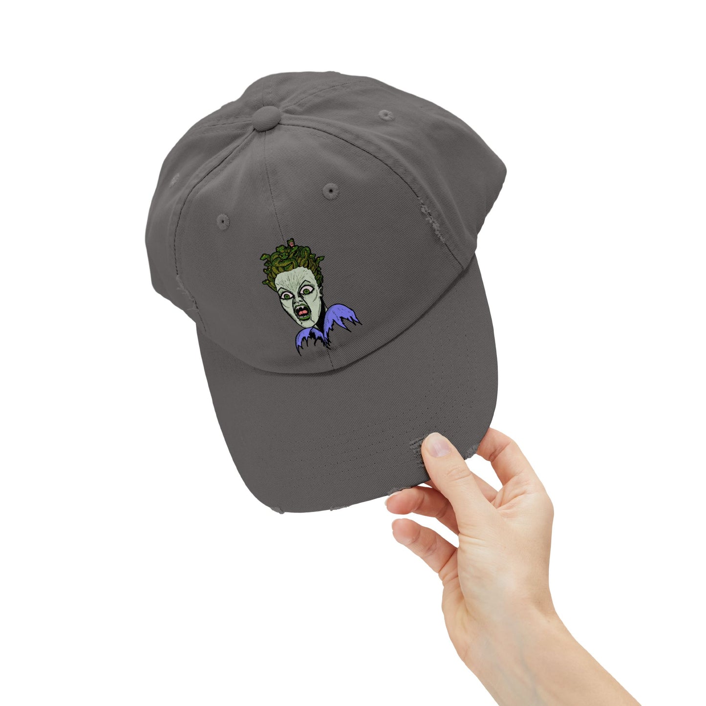 Medusa Unisex Distressed Cap with Eerie Design, Casual Hat, Halloween Accessory, Statement Cap, Gift for Horror Fans, Trendy Distressed Hat
