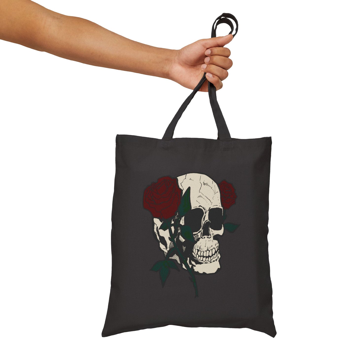 Skull & Roses Canvas Tote Bag — Gothic Floral Reusable Shopper