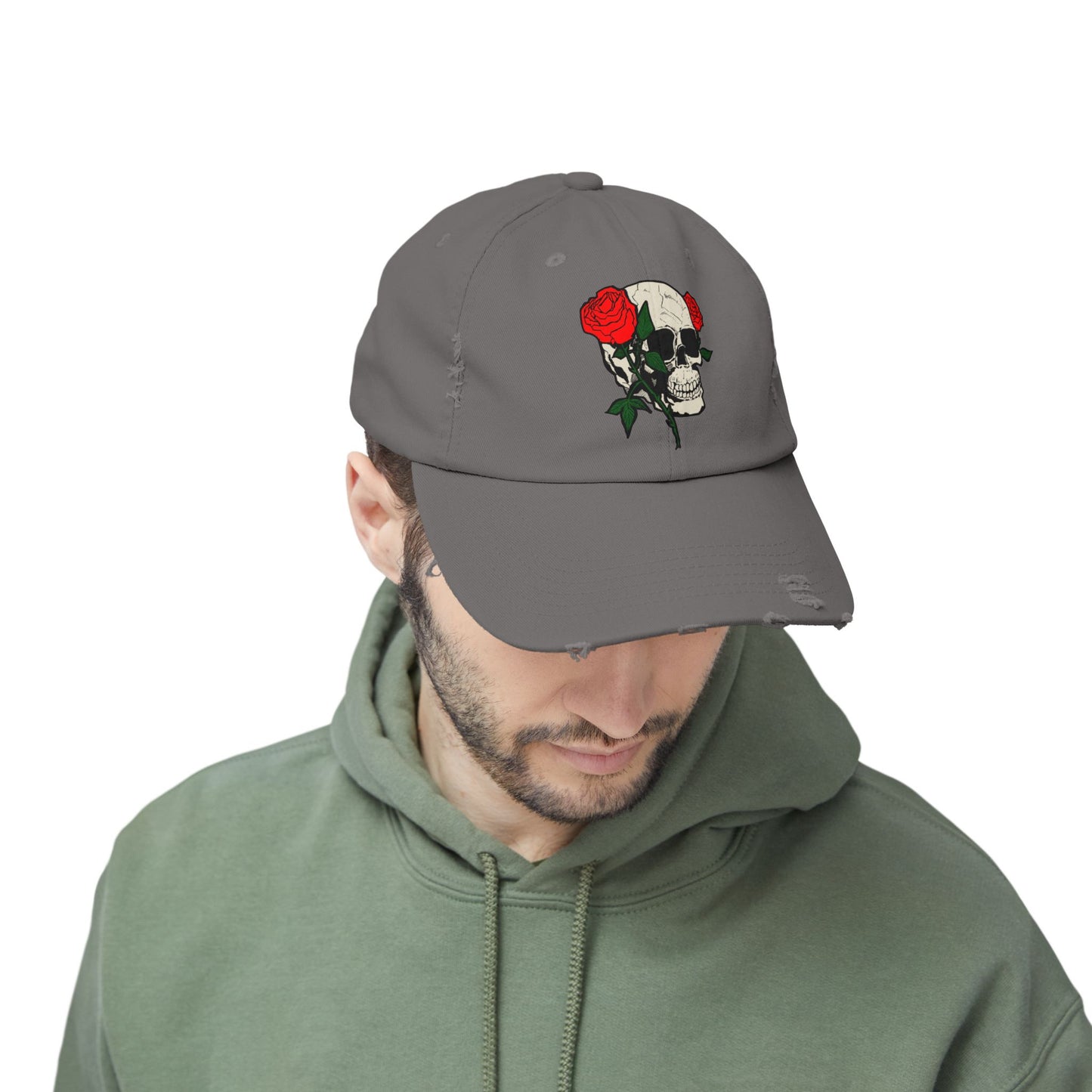 Skull and Roses Distressed Unisex Cap – Edgy Fashion Accessory for Music Lovers